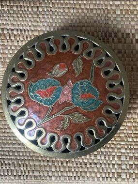 Solid Brass Trinket Box Enamel Floral Pattern On Lid Made In India